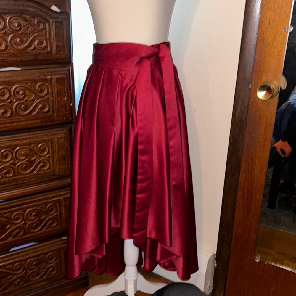 Satin High-Low A-Line Skirt in Deep Wine